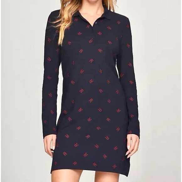 Tommy Hilfiger Embroidered Logo Polo Dress Women’s Size L Long Sleeves Cotton - Picture 1 of 11